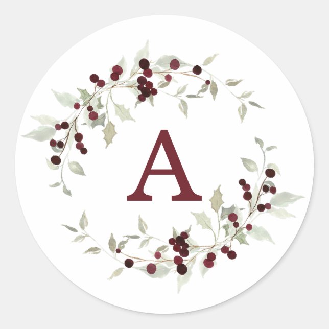 Pegatina Redonda Holly Berry Wreath Monogram Letter (Anverso)