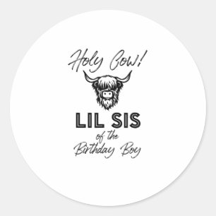 Pegatina Redonda Holly Cow Lil Sis Of Birthday Boy Highland Cow