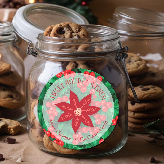 Pegatina Redonda Holly Floral Navidades vacaciones en casa (Holly Berries and Poinsettia  Christmas Homemade Holiday Baking 3" Round Stickers)