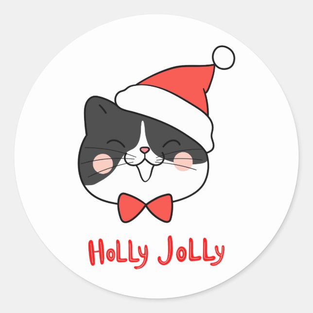 Pegatina Redonda Holly Jolly Cute Kawaii Santa Cat (Anverso)