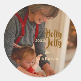 Pegatina Redonda Holly Jolly family holiday photo beige year naboho