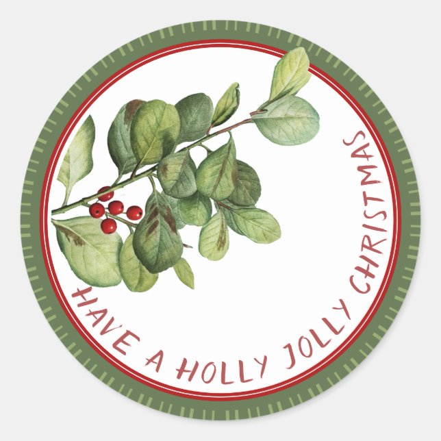 Pegatina Redonda Holly Jolly Navidades francés holly con bayas (Anverso)