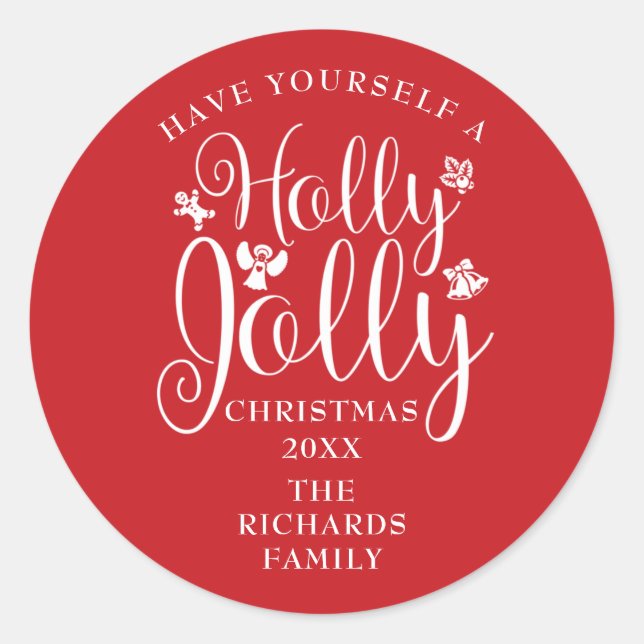 Pegatina Redonda Holly Jolly Navidades Holidays Family Name (Anverso)
