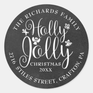 Pegatina Redonda Holly Jolly Return Address Navidad Chalkboard