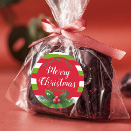 Pegatina Redonda Holly Leaves y Berries Navidades rojos blancos ver