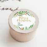 Pegatina Redonda Holly Wreath Merry Christmas Name<br><div class="desc">Estos pegatinas con nombres de navidad alegres son las etiquetas perfectas para un regalo de vacaciones clásico. El diseño incluye una corona de flores de color verde acuático con bayas rojas y un elegante tipo de letra purpurina de color oro falso. Escribir a mano el nombre del destinatario del regalo...</div>