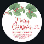 Pegatina Redonda Holly Wreath Merry Christmas Return Address<br><div class="desc">Corona de color de agua verde con bayas rojas y fuente de navidades. Esta colección de Navidades clásica y elegante.</div>