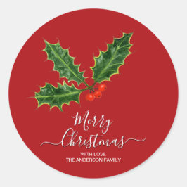 Pegatina Redonda Holly y Berries Feliz Navidad y nombre familiar