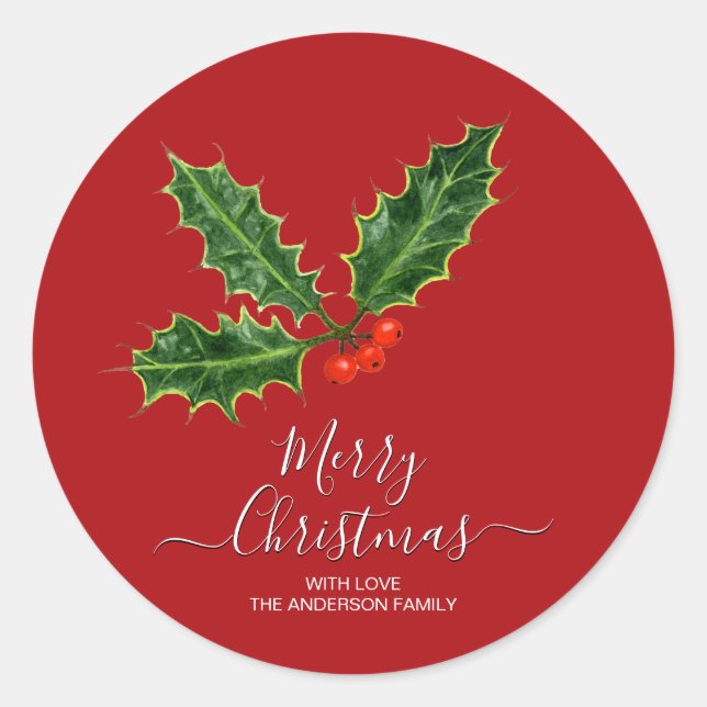Pegatina Redonda Holly y Berries Feliz Navidad y nombre familiar (Anverso)