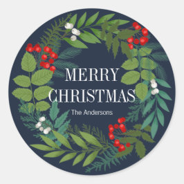 Pegatina Redonda Holly Y Greenery Feliz Navidad