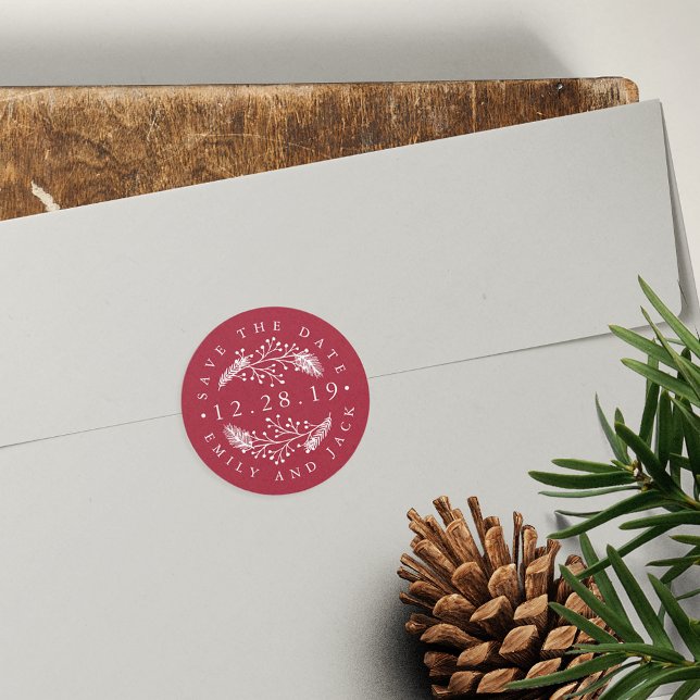 Pegatina Redonda Holly y Pine | Invierno Guardar la fecha (Subido por el creador)