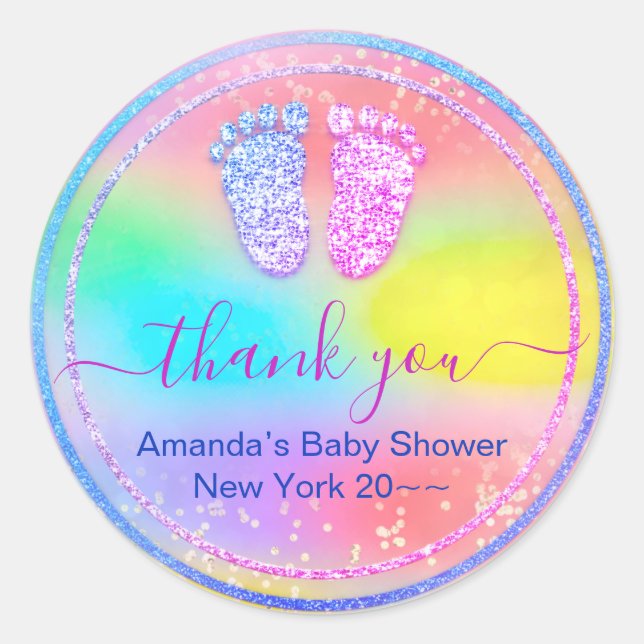 Pegatina Redonda Holografía de Unicornio de Baby Shower con resurgi (Anverso)