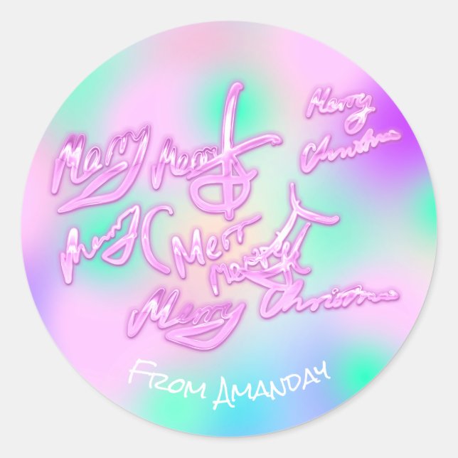 Pegatina Redonda Holografía Rosa Feliz Navidad desde Name Girly (Anverso)