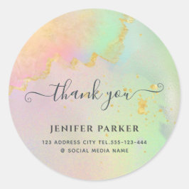 Pegatina Redonda Holográfico oro acuarela escritura gracias