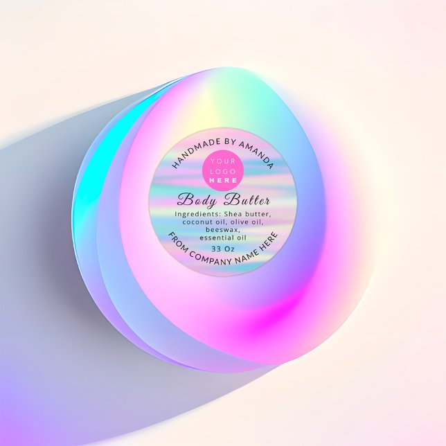 Pegatina Redonda Holograma Código QR Nombre Logotipo Cuerpo Mantequ (Holograph QR Code Logo Name Body Butter Cosmetic Classic Round Sticker)
