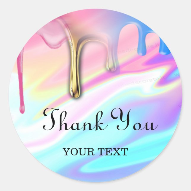 Pegatina Redonda holograma unicornio gotea gracias (Anverso)