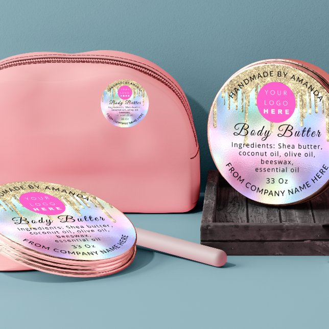 Pegatina Redonda Holograph Personalizado Nombre Nombre Perforación  (Holograph Custom Logo Name Body Care Drips Classic Round Sticker)