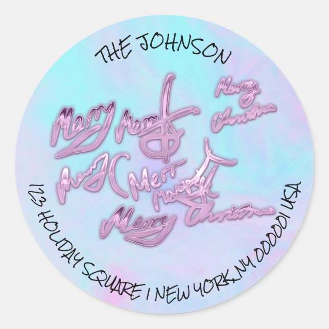 Pegatina Redonda Holographic Blue Merry Christmas from Name Address (Anverso)