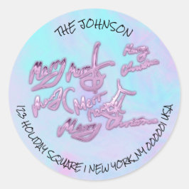 Pegatina Redonda Holographic Blue Merry Christmas from Name Address
