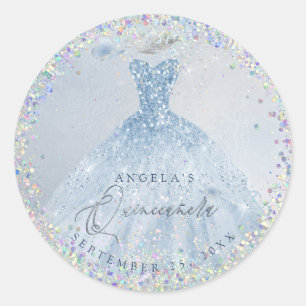 Pegatina Redonda Holographic Confetti Quinceanera Dusty Blue Gown