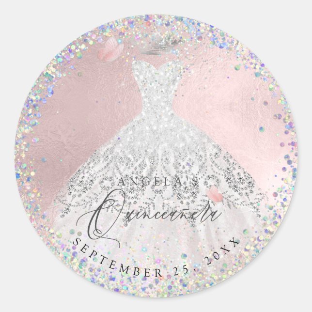 Pegatina Redonda Holographic Confetti Quinceanera Gown Purpurina (Anverso)