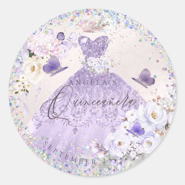 Pegatina Redonda Holographic Confetti Quinceanera Purple Gown (Anverso)