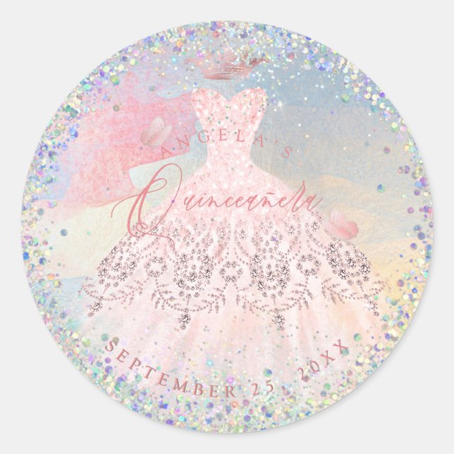 Pegatina Redonda Holographic Confetti Quinceanera Rubor Gown (Anverso)