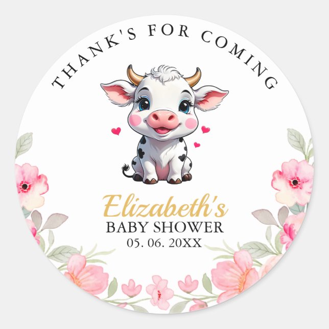 Pegatina Redonda Holy Cow , Cute Watercolor Cow Baby shower  (Anverso)