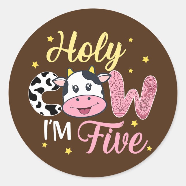 Pegatina Redonda Holy Cow I'm Five Cow Farm Theme Birthday 5 Years (Anverso)