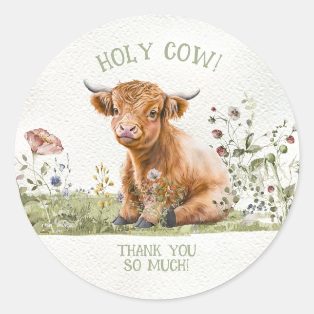 Pegatina Redonda Holy Highland Cow Gracias (Anverso)