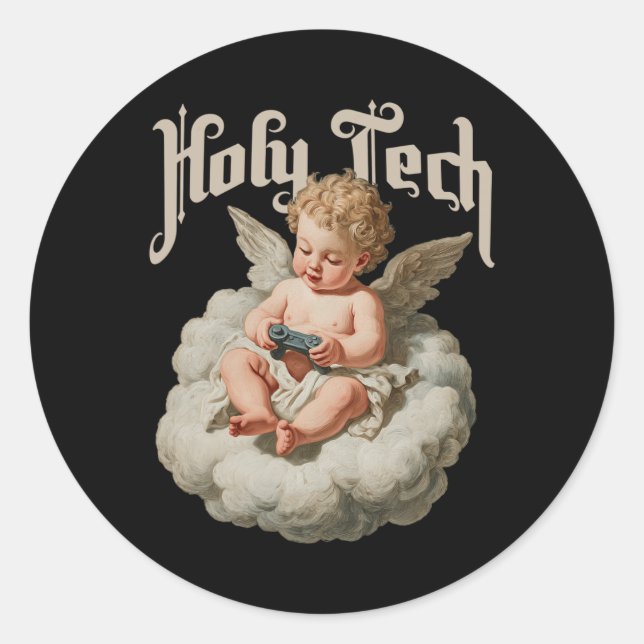Pegatina Redonda Holy Tech Gamer Angel Funny Cherob Ba  (Anverso)