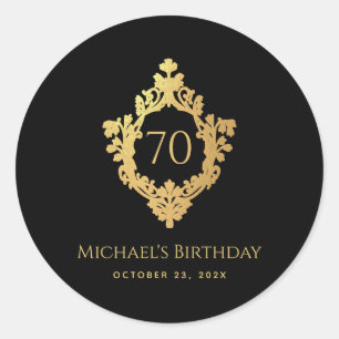 Pegatina Redonda Hombre cumpleaños 70 negro oro Cresta vintage eleg