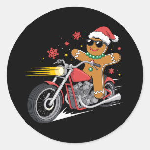 Pegatina Redonda Hombre de jengibre de Navidad Motocicleta Motocicl