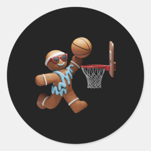 Pegatina Redonda Hombre de jengibre jugando Navidades de baloncesto