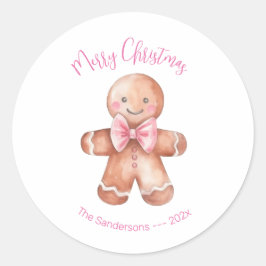 Pegatina Redonda Hombre de jengibre rosa de Navidad 
