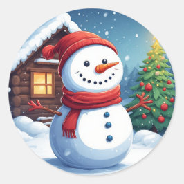 Pegatina Redonda Hombre de nieve alegre con árbol de Navidad