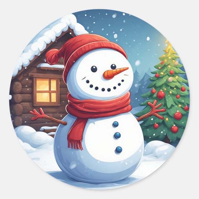 Pegatina Redonda Hombre de nieve alegre con árbol de Navidad (Anverso)