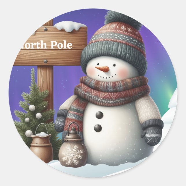 Pegatina Redonda Hombre de nieve blanco en el Polo Norte con luces  (Anverso)