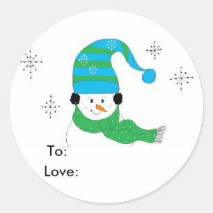 Pegatina Redonda Hombre de nieve con Gorra y bufanda