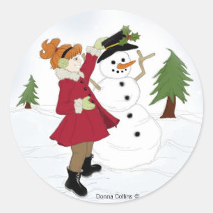 Pegatina Redonda Hombre de nieve con niña