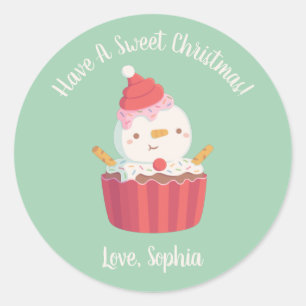 Pegatina Redonda Hombre de Nieve de Cupcake Lindo, Dulce Navidad