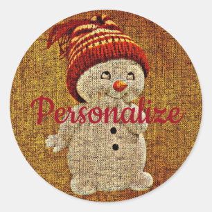 Pegatina Redonda Hombre de nieve ruso en burlap lindo invierno rojo
