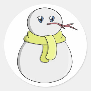 Pegatina Redonda Hombre de nieve usando una bufanda amarilla
