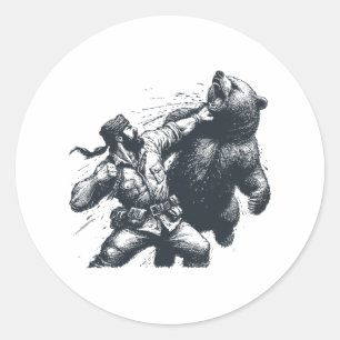 Pegatina Redonda Hombre divertido del oso golpeando el oso Retro Vi