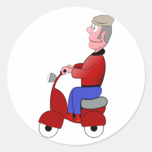 Pegatina Redonda Hombre Divertido Mayor Montando Scooter Rojo
