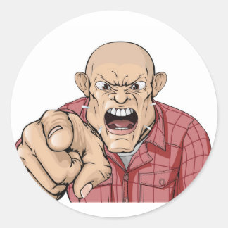 Pegatina Redonda Hombre enojado con la cabeza afeitada gritando y s