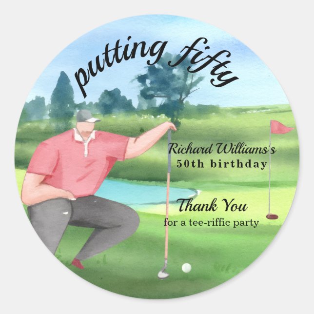 Pegatina Redonda Hombre Golf Putting Fifty Cumpleaños 50 (Anverso)