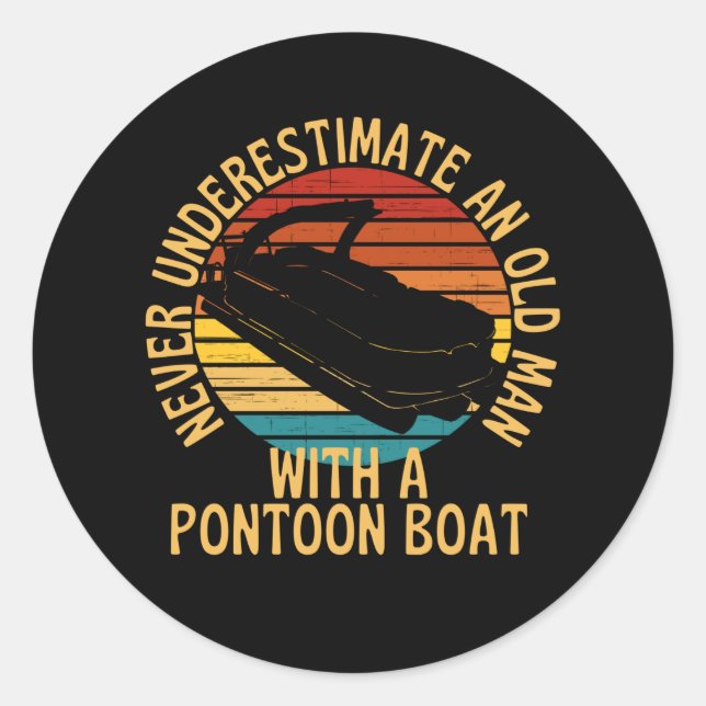 Pegatina Redonda Hombre Mayor Con Un Bote De Pontón (Anverso)