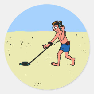 Pegatina Redonda Hombre Metalizado Detectando En La Playa