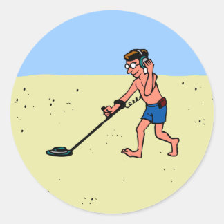 Pegatina Redonda Hombre Metalizado Detectando En La Playa